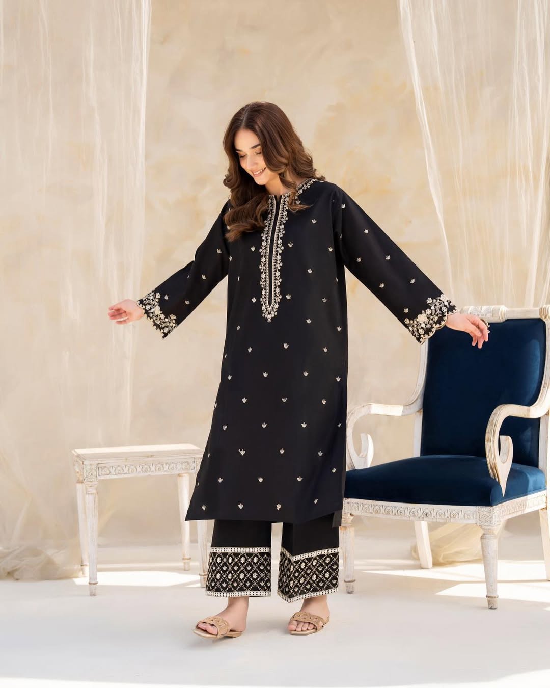 Black hock embriodered long length